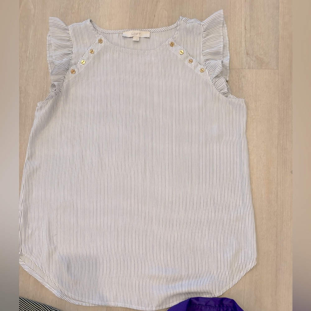 LOFT Black and White Striped Sleeveless Blouse with Gold Buttons